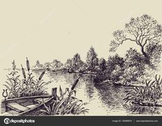 an ink drawing of a river and trees