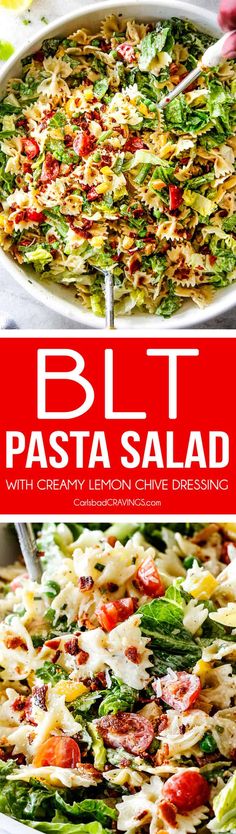 the cover of blt pasta salad with cherry tomatoes, asparagus and parmesan cheese