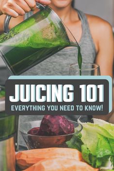 a woman pouring green juice into a bowl with lettuce and carrots in it