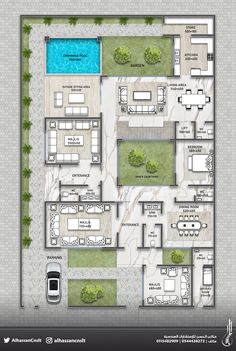 the floor plan for an apartment with swimming pool and outdoor living area in front of it