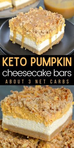 keto pumpkin cheesecake bars are stacked on top of each other and ready to be eaten