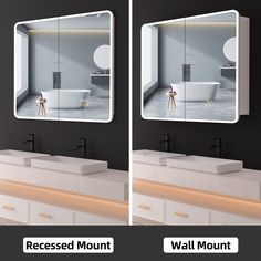 two pictures of a bathroom with mirrors and sinks in it, one showing the reflection of a bathtub