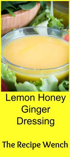 the recipe for lemon honey ginger dressing is shown in front of a plate with lettuce and carrots