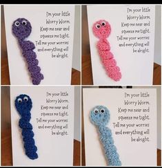 crocheted worms with funny eyes are shown in four different ways to make them look like they're smiling