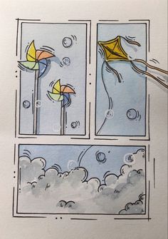 an image of a comic strip with umbrellas in the sky and rain coming down