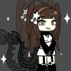 a drawing of a girl with stars on her head and green eyes, standing in front of a dark background