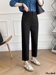 Olivia Mark - Smoking Pipe Trousers - Premium Quality Western Style Pants Black Straight Chinos For Business Casual, Black Ankle-length Dress Pants For Business Casual, Black Stretch Ankle-length Work Pants, Black Stretch Wide Leg Work Pants, Black Stretch Straight Leg Work Pants, Stretch Black Straight Leg Work Pants, Black Work Pants With Pockets For Office, Black Ankle-length Pants For Business Casual, Black Bottoms With Pockets For Business Casual