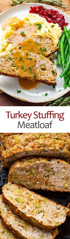 turkey stuffing meatloaf on a plate with green beans and cranberry sauce