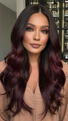 Rich Fall Locks Colors: Dark Wine red Balayage 🍷 Wine Colored Hair Balayage, Deep Burgundy Balayage, Cherry Red Balayage On Black Hair, Dark Cherry Black Hair, Dark Burgundy Hair Balayage, Burgundy Hair With Dark Roots, Burgundy Bayalage Hair, Brown Hair With Burgundy Balayage, Dark Burgundy Balayage