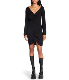 This product is final sale The Sophie Ribbed Sweater Dress Black is the perfect LBD for the fall! With a V-Neckline and adjustable ruched front, this dress is a versatile piece. Pair with tall black boots for a simple night out look! Composition... Tall Black Boots, Sweater Dress Black, Ribbed Sweater Dress, Black Boots Tall, Womens Clothing Stores, Ribbed Sweater, Black Media, The Fall, Dress Black