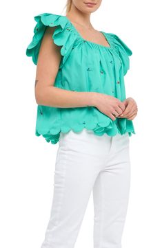 Fluttery short sleeves frame this all-cotton top featuring colorful floral embroidery and elegant scalloped edges. Square neck Short sleeves Lined 100% cotton Hand wash, dry flat Imported Summer Cotton Tops With Scalloped Edges, Spring Short Sleeve Tops With Scalloped Edges, Spring Tops With Scalloped Edges And Short Sleeves, Scalloped Edges Short Sleeve Tops For Spring, Casual Spring Tops With Scalloped Edges, Casual Tops With Scalloped Edges For Spring, Spring Cotton Top With Scalloped Edges, Embroidered Ruffle Sleeve Summer Tops, Spring Cotton Blouse With Flutter Sleeves