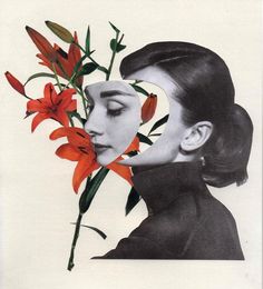 a woman's face with flowers in front of her, and the image has been altered to make it look like she is looking at something