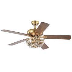 a gold ceiling fan with crystal chandelier