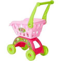 a pink and green toy stroller with wheels