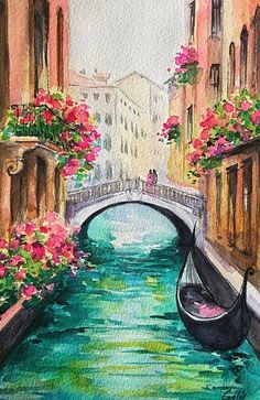 a painting of a gondola on a canal with pink flowers in the window boxes