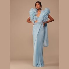 Buy Designer Sky Blue Pre-stitched Saree With an Organza Ruffle Blouse and Handwork Beads Belt Wear on Wedding, Sangeet, Engagement, and Partie. Online in India - Etsy Traditional Indian Saree, Beads Belt, Sky Blue Saree, Stitched Saree, Modern Saree, Dark Outfits, Blue Saree, Beaded Belt, A Sky