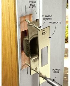 an open door with instructions to install the latch and screws on the outside wall