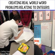 a group of children sitting at desks in front of a whiteboard with the words creating real world word problems relating to intigers