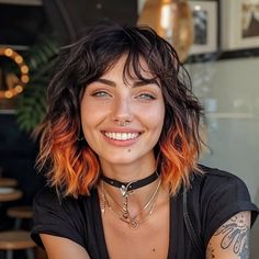 Subtle Funky Hair Color, Messy Mullet Women, Shaggy Highlights, Medium Length Vivid Hair, Two Toned Hair Styles, Short Hairstyle Women Colored Hair, Shaggy Copper Hair, Orange Dip Dye Hair, Shag Mullet Hairstyles