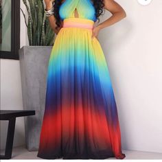 Beautiful Rainbow Maxi Brand New With Tags. Blue V-neck Dress For Summer Parties, Blue Sleeveless Maxi Dress For Summer Parties, Summer Evening Multicolor Maxi Dress, Vibrant Summer Party Maxi Dress, Multicolor Halter Neck Dress For Summer Parties, Summer Party Vibrant Maxi Dress, Vibrant Summer Maxi Dress For Parties, Multicolor Maxi Dress For Summer Parties, Blue Sundress Maxi Dress For Parties