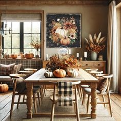 a dining room filled with lots of wooden furniture and pumpkins on top of the table