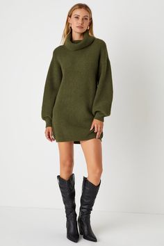 Olive Green Sweater Dress - Cowl Neck Sweater Dress - Knit Dress - Lulus Fall Chunky Knit Sweater Dress, Ribbed Knit Cropped Sweater, Winter Cable Knit Mini Sweater Dress, Textured Knit Mini Sweater Dress, Mini Length Textured Knit Sweater Dress, Winter Textured Knit Mini Sweater Dress, Fall Mini Knit Sweater Dress, Green Mini Sweater Dress For Winter, Fall Knit Mini Sweater Dress