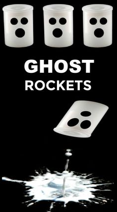 four white plastic buckets with holes in them and the words ghost rockets above them