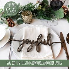 a white plate with the word joyful written in cursive writing on it