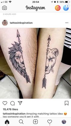 two people with matching tattoos on their legs, one has a bear and the other has an arrow