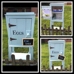 four pictures of an egg carton with eggs for sale on the front and side