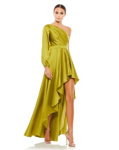 One Shoulder Blouson Sleeve Hi-Low Gown – Mac Duggal Hi Low Gown, Flowy Gown, Designer Formal Dresses, High Low Gown, Pleated Gown, Satin Evening Dresses, Blouson Sleeve, Mac Duggal Dresses, One Shoulder Gown