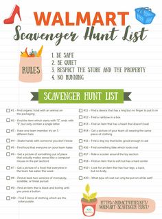 a poster with the words walmart scavenger hunt list written in red and green