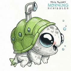 a drawing of a turtle with a green hat on it's head, under a faucet