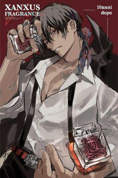 an anime character is talking on the phone and holding a glass bottle in his hand