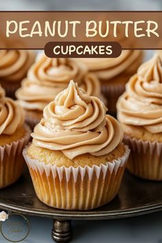 cupcakes with peanut butter frosting sitting on a plate