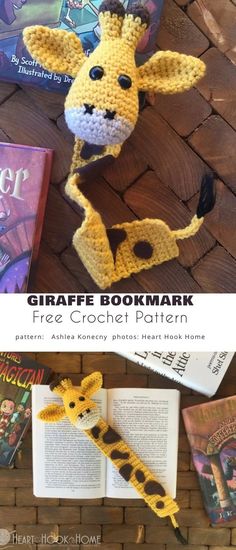 the crocheted giraffe bookmark is next to an open book