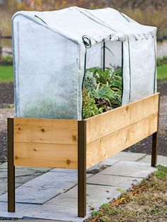 a wooden planter filled with lots of plants