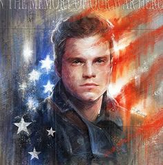 a painting of a man with an american flag in the background and words written on it