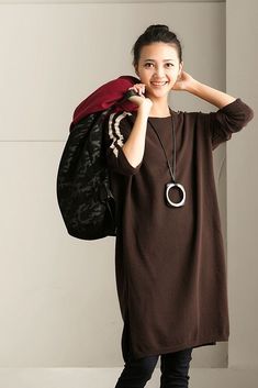 Material: Cotton . Dacron Fabric: Fabric has some stretchSeason: Spring . Autumn . WinterType: DressPattern Type: PureSleeve Length: Long SleeveColor: Black / Grey / Coffee / Blue / Green / RedDresses Length: Mid-lengthStyle: Casual . LiterarySilhouette: DressSize: L Dress Length: 90 cm . Shoulder Breadth: Unlimited . Bust: 110 cm . Sleeve Length: 44 cm Casual Brown Sweater Dress, Casual Brown Knee-length Sweater Dress, Casual Stretch Brown Dresses, Casual Brown Stretch Dresses, Grey Coffee, Sport Dress, Pair Of Pants, Casual Pullover, Dress Pattern