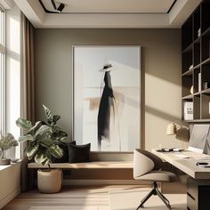 an office with a desk, chair and large painting on the wall in front of it