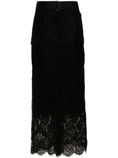 black corded lace semi-sheer panels dart detailing mid-rise concealed front hook and zip fastening belt loops detachable and adjustable waist belt two diagonal pockets to the sides two side cargo pockets scallop hem long length Formal Black Lace Bottoms, Elegant Lace Maxi Skirt For Evening, Lace Long Skirt For Evening, Elegant Evening Lace Maxi Skirt, Maxi Lace Skirt, Scallop Hem, Black Outfits, Corded Lace, City Dress