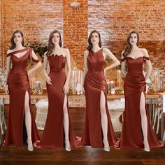 the bridesmaids are wearing red dresses with thigh high slits on each side