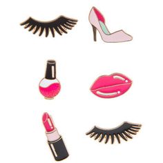 four pins with different types of lipstick and lashes on them, including one pink shoe