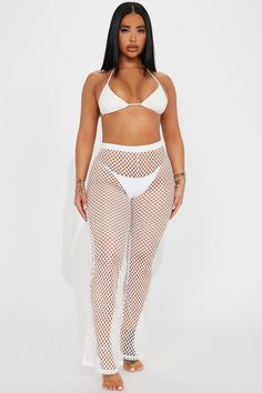 Available In Black And Off White. Fishnet Cover Up Pants Flare Leg Mesh Final Sale 95% Polyester 5% Spandex Imported | My Happy Place Cover Up Pants in Off White size XS by Fashion Nova Cute Plus Size Bathing Suits, White Fitted Mesh Bottoms, Fitted White Mesh Bottoms, White Sheer Mesh Bottoms, White Mesh Bottoms For Summer, Sheer Stretch Mesh Bottoms, Sheer Mesh Stretch Bottoms, White Mesh Bottoms, Summer Stretch Mesh Pants