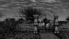 black and white photograph of an iron gate in front of a brick wall with grass