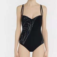 La Perla Bejeweled One Piece Swimsuit In Navy / Black. New With Tags. This Swimsuit Features A Subtly Shaped Sweetheart Neckline And Built In Non-Wired Lightly Padded Bra. Sparkling Sequins, Embroidery And Tulle Cut-Out Details In Rippled Motifs Mimic The Effect Of Stone Marble. Fully Covered From The Front, And Bare Back Accentuated With Chic Strap Design. Hygiene Liner Still In Place. Size 34b. Material: 80% Nylon, 20% Elastane. Made In Italy. Great For Swim Or To Wear As A Bodysuit. Pristine Luxury Black One-piece Swimwear, Luxury Fitted Black Swimwear, Luxury Fitted Swimwear For Evening, Elegant Fitted Swimwear For Evening, White Bustier, Halter Neck Swimsuit, Halter One Piece Swimsuit, Swimsuit Set, Chiffon Ruffle