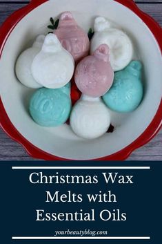 christmas wax melts with essential oils in a red and white bowl on a wooden table