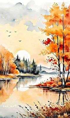 Watercolor Autumn Painting, Photos Of Landscapes Photography, Landscape Art Watercolor, Fall Foliage Watercolor, Autumn Tree Watercolor, Autumn Watercolour Painting, Autumn Scenery Landscape, Fall Watercolor Ideas