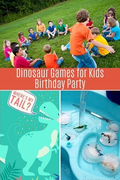 dinosaur games for kids birthday party with water and dinosaurs in the tub, and children sitting on