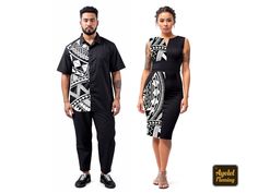 Polynesian matching couple outfit of a short sleeve men's dress shirt, and a midi fitted dress for women's featuring white black tribal design for daytime or evening wear.  IF YOU WOULD LIKE YOUR ITEMS TO ARRIVE IN TWO WEEKS TIME, PLEASE UPGRADE TO EXPRESS SHIPPING AT THE CART.  Message me if you would rather these items were in another color or combination of colors. WOW! your friends and family in a shirt that is unique as you are. SHORT SLEEVE MENS SHIRT * Available in sizes XS-5XL. * Runs sm Formal Summer Sets With Short Sleeves, Groomsmen Shirt, Samoan Wedding, Polynesian Dress, Dress Couple, Mens Dress Shirts, Fitted Midi Dress, Casual Wedding Dress, Matching Couple Outfits